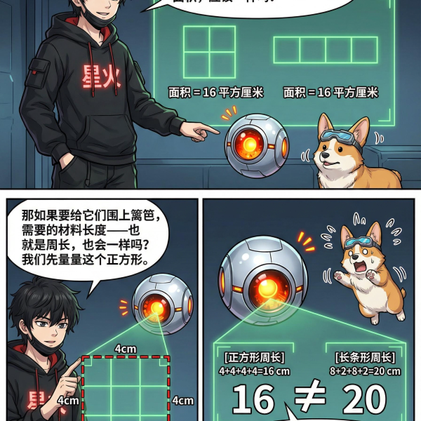 周长与面积计算详解：公式、区别与漫画练习题 | 数学几何教学