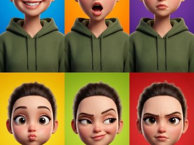 影视级3D渲染：绿卫衣女孩表情六宫格