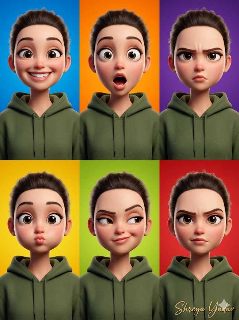 影视级3D渲染：绿卫衣女孩表情六宫格