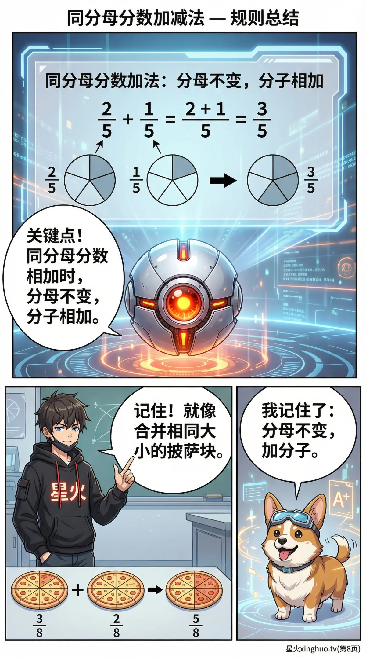 同分母分数加减法详解：计算方法、练习题与漫画图解 | 小学数学 - 第 8 页